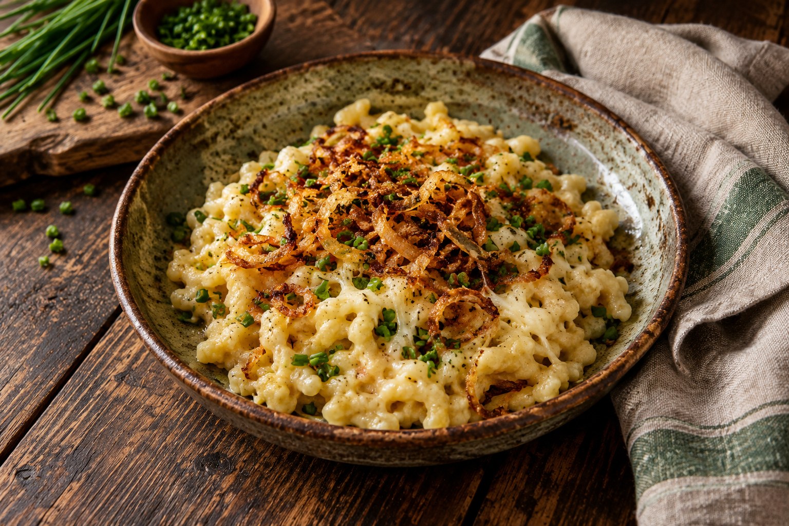 Käsespätzle mit Röstzwiebeln auf einem rustikalen Teller als stimmungsvolles Bild zum Wirtshauskonzept